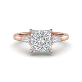 Rose Gold Princess Cut Three Stone Engagement Ring With Tapered Baguette Side Diamonds And Classic Four Prong Setting