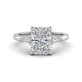 Silver Radiant Cut Three Stone Engagement Ring With Tapered Baguette Side Diamonds And Classic Four Prong Setting