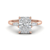Rose Gold Radiant Cut Three Stone Engagement Ring With Tapered Baguette Side Diamonds And Classic Four Prong Setting