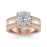 Rose Gold Cushion Diamond Multirow Engagement Ring With Four Prong Setting And Pavé Side Bands