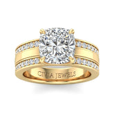 Yellow Gold Cushion Diamond Multirow Engagement Ring With Four Prong Setting And Pavé Side Bands
