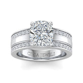 Silver Cushion Diamond Multirow Engagement Ring With Four Prong Setting And Pavé Side Bands