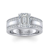 White Gold Emerald Diamond Multirow Engagement Ring With Four Prong Setting And Pavé Side Bands