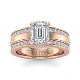 Rose Gold Emerald Diamond Multirow Engagement Ring With Four Prong Setting And Pavé Side Bands