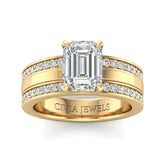 Yellow Gold Emerald Diamond Multirow Engagement Ring With Four Prong Setting And Pavé Side Bands