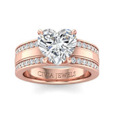 Rose Gold Heart Diamond Multirow Engagement Ring With Four Prong Setting And Pavé Side Bands