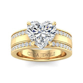 Yellow Gold Heart Diamond Multirow Engagement Ring With Four Prong Setting And Pavé Side Bands