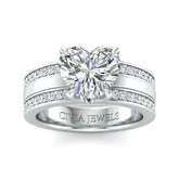 White Gold Heart Diamond Multirow Engagement Ring With Four Prong Setting And Pavé Side Bands