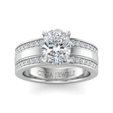 Silver Oval Diamond Multirow Engagement Ring With Four Prong Setting And Pavé Side Bands