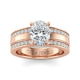 Rose Gold Oval Diamond Multirow Engagement Ring With Four Prong Setting And Pavé Side Bands