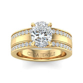 Yellow Gold Oval Diamond Multirow Engagement Ring With Four Prong Setting And Pavé Side Bands