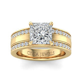 Yellow Gold Princess Diamond Multirow Engagement Ring With Four Prong Setting And Pavé Side Bands