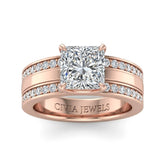 Rose Gold Princess Diamond Multirow Engagement Ring With Four Prong Setting And Pavé Side Bands