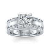 Silver Princess Diamond Multirow Engagement Ring With Four Prong Setting And Pavé Side Bands