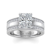 Silver Radiant Diamond Multirow Engagement Ring With Four Prong Setting And Pavé Side Bands