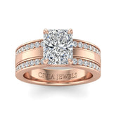 Rose Gold Radiant Diamond Multirow Engagement Ring With Four Prong Setting And Pavé Side Bands