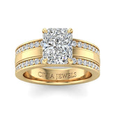 Yellow Gold Radiant Diamond Multirow Engagement Ring With Four Prong Setting And Pavé Side Bands