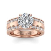 Rose Gold Round Diamond Multirow Engagement Ring With Four Prong Setting And Pavé Side Bands