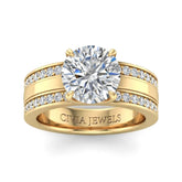 Yellow Gold Round Diamond Multirow Engagement Ring With Four Prong Setting And Pavé Side Bands