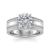 Silver Round Diamond Multirow Engagement Ring With Four Prong Setting And Pavé Side Bands