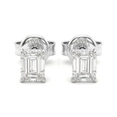 Silver Emerald Cut Diamond Stud Earrings With Four Prong Setting