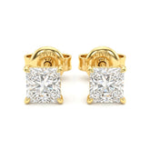 Yellow Gold Princess Cut Diamond Stud Earrings With Four Prong Setting