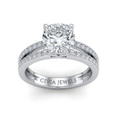 White Gold Cushion Cut Double Row Pavé Split Band Engagement Ring With Classic Four Prong Solitaire Setting