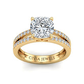 Yellow Gold Cushion Cut Double Row Pavé Split Band Engagement Ring With Classic Four Prong Solitaire Setting