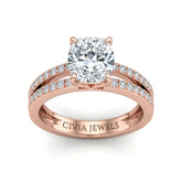 Rose Gold Cushion Cut Double Row Pavé Split Band Engagement Ring With Classic Four Prong Solitaire Setting