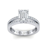 Silver Emerald Cut Double Row Pavé Split Band Engagement Ring With Classic Four Prong Solitaire Setting