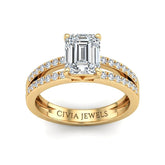 Yellow Gold Emerald Cut Double Row Pavé Split Band Engagement Ring With Classic Four Prong Solitaire Setting