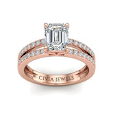 Rose Gold Emerald Cut Double Row Pavé Split Band Engagement Ring With Classic Four Prong Solitaire Setting