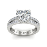 Silver Heart Cut Double Row Pavé Split Band Engagement Ring With Classic Four Prong Solitaire Setting