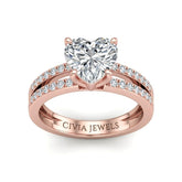 Rose Gold Heart Cut Double Row Pavé Split Band Engagement Ring With Classic Four Prong Solitaire Setting
