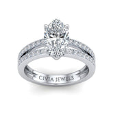 Silver Marquise Cut Double Row Pavé Split Band Engagement Ring With Classic Four Prong Solitaire Setting