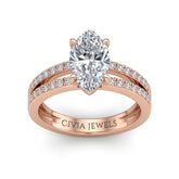 Rose Gold Marquise Cut Double Row Pavé Split Band Engagement Ring With Classic Four Prong Solitaire Setting