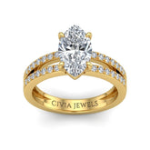 Yellow Gold Marquise Cut Double Row Pavé Split Band Engagement Ring With Classic Four Prong Solitaire Setting