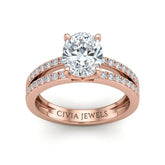 Rose Gold Oval Cut Double Row Pavé Split Band Engagement Ring With Classic Four Prong Solitaire Setting