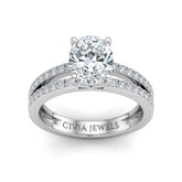 White Gold Oval Cut Double Row Pavé Split Band Engagement Ring With Classic Four Prong Solitaire Setting