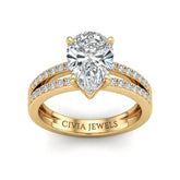 Yellow Gold Pear Cut Double Row Pavé Split Band Engagement Ring With Classic Four Prong Solitaire Setting
