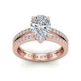 Rose Gold Pear Cut Double Row Pavé Split Band Engagement Ring With Classic Four Prong Solitaire Setting
