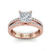 Rose Gold Princess Cut Double Row Pavé Split Band Engagement Ring With Classic Four Prong Solitaire Setting