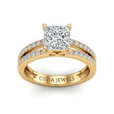 Yellow Gold Princess Cut Double Row Pavé Split Band Engagement Ring With Classic Four Prong Solitaire Setting