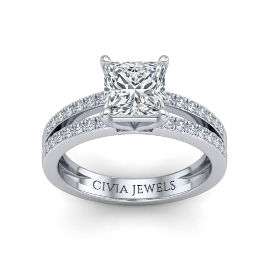 White Gold Princess Cut Double Row Pavé Split Band Engagement Ring With Classic Four Prong Solitaire Setting