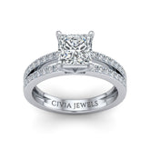 Silver Princess Cut Double Row Pavé Split Band Engagement Ring With Classic Four Prong Solitaire Setting