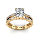 Yellow Gold Radiant Cut Double Row Pavé Split Band Engagement Ring With Classic Four Prong Solitaire Setting
