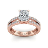 Rose Gold Radiant Cut Double Row Pavé Split Band Engagement Ring With Classic Four Prong Solitaire Setting