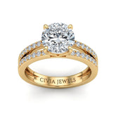 Yellow Gold Round Cut Double Row Pavé Split Band Engagement Ring With Classic Four Prong Solitaire Setting