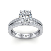 Silver Round Cut Double Row Pavé Split Band Engagement Ring With Classic Four Prong Solitaire Setting
