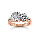 Rose Gold Cushion & Round Diamond Modern Two Stone Ring With Side Diamonds
